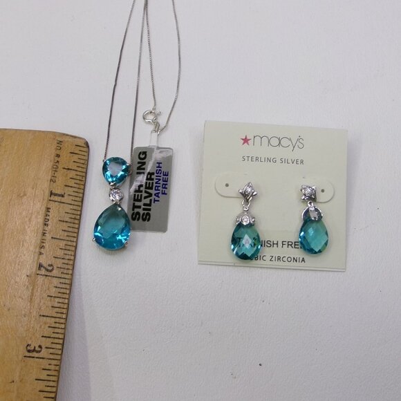 NWT Macy's Sterling Silver Blue Zircon Teardrop Pendant Necklace & Earring Set - Picture 2 of 3